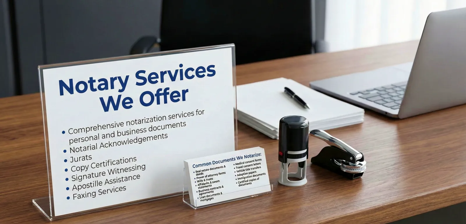 Professional notary services desk with notary stamp and documents
